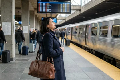 Femme en manteau marine sur le quai d'une gare Amtrak à New York, consultant les panneaux de départ pour le trajet vers Montréal