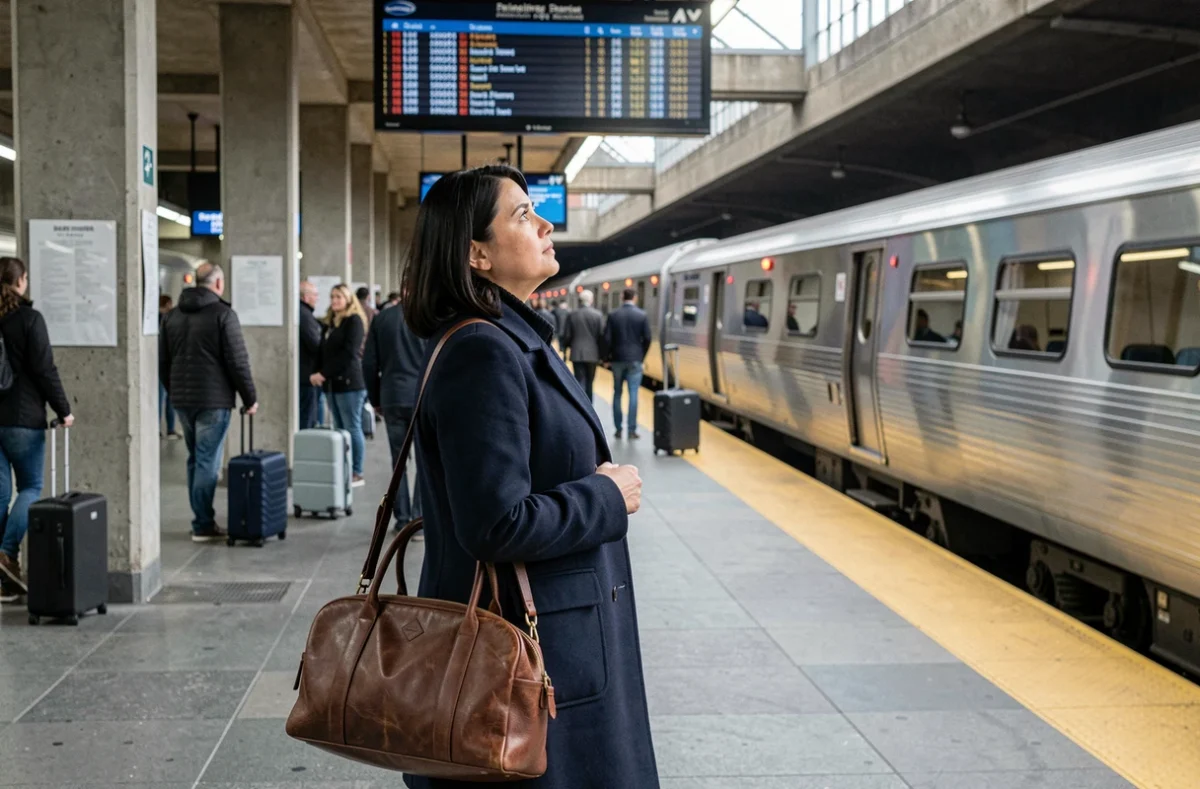 Femme en manteau marine sur le quai d'une gare Amtrak à New York, consultant les panneaux de départ pour le trajet vers Montréal