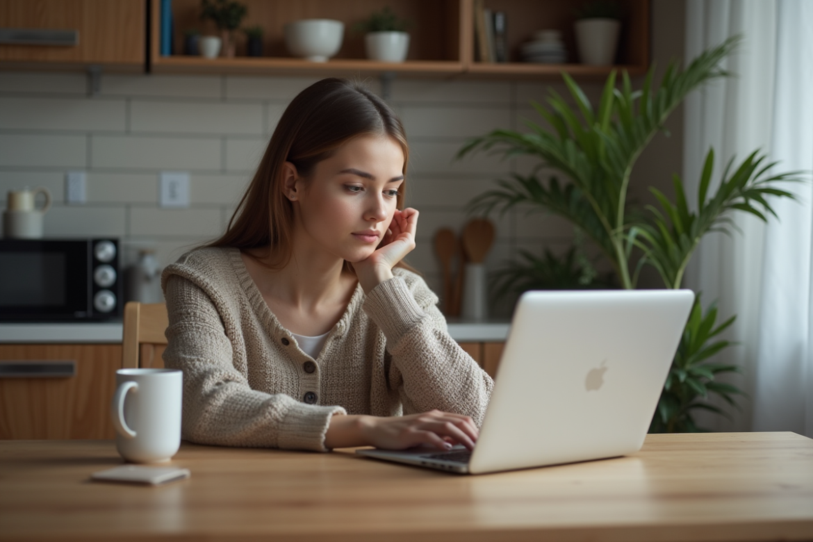 Jeune femme regarde son ordinateur avec un message de suspension