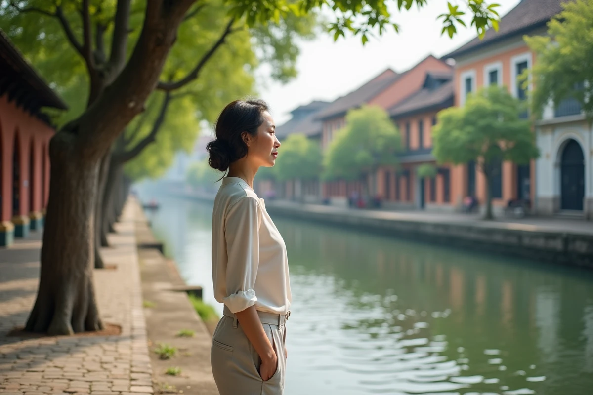 Femme contemplant le fleuve à Shamian Island avec bâtiments coloniaux