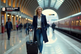 Femme en trench et jeans à Venezia Santa Lucia