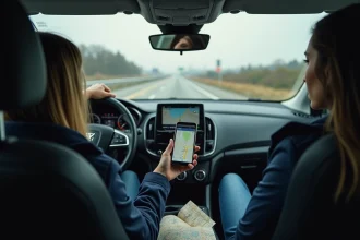 Femme en voiture utilisant son smartphone pour la navigation