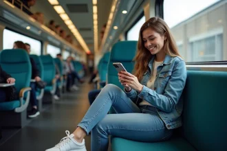 Jeune femme souriante dans un train Eurotunnel avec smartphone