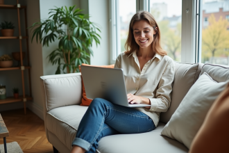 Femme détendue travaillant sur son laptop dans un appartement moderne
