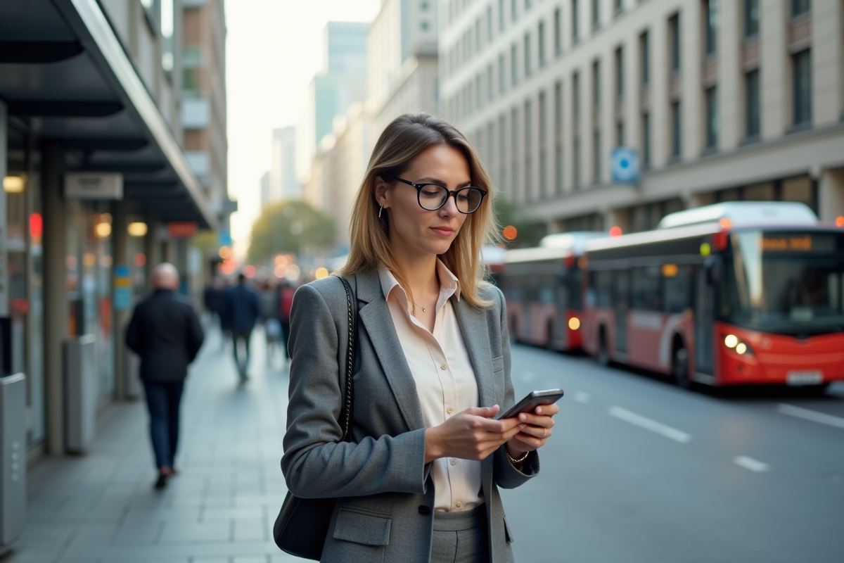 Femme d affaires vérifiant son téléphone dans la ville