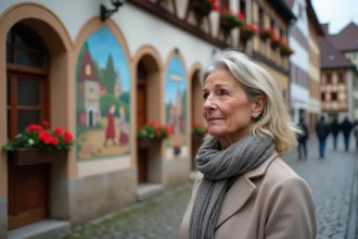 Femme d'âge moyen admirant une fresque à Oberammergau