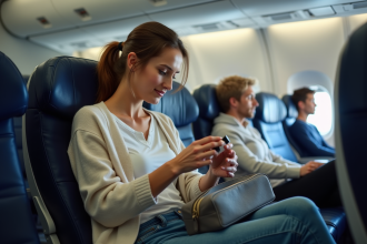 Femme en voyage vérifiant son deodorant dans l'avion