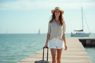 Femme souriante en voyage avec valise sur quai