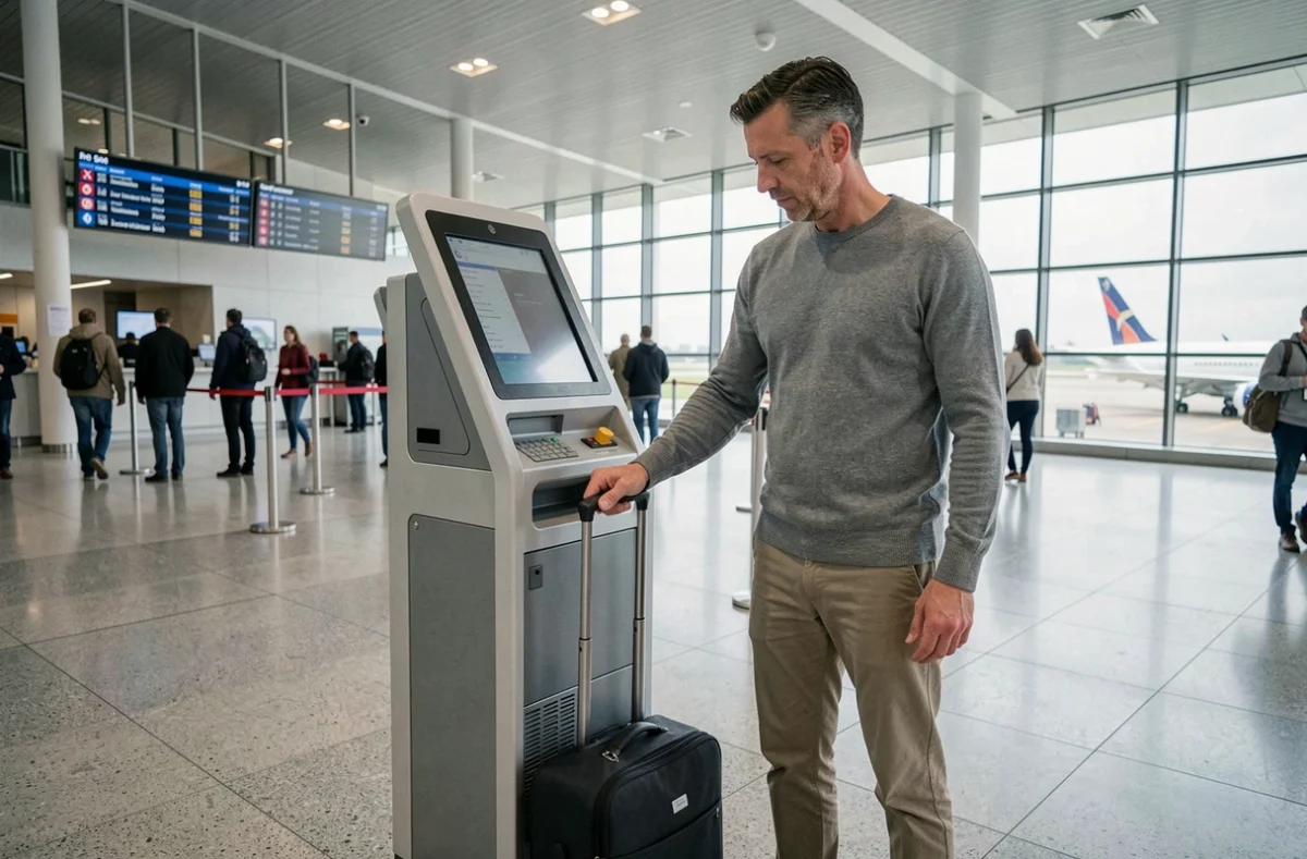 Passager vérifiant la taille de son bagage cabine dans un gabarit de contrôle dans un aéroport européen