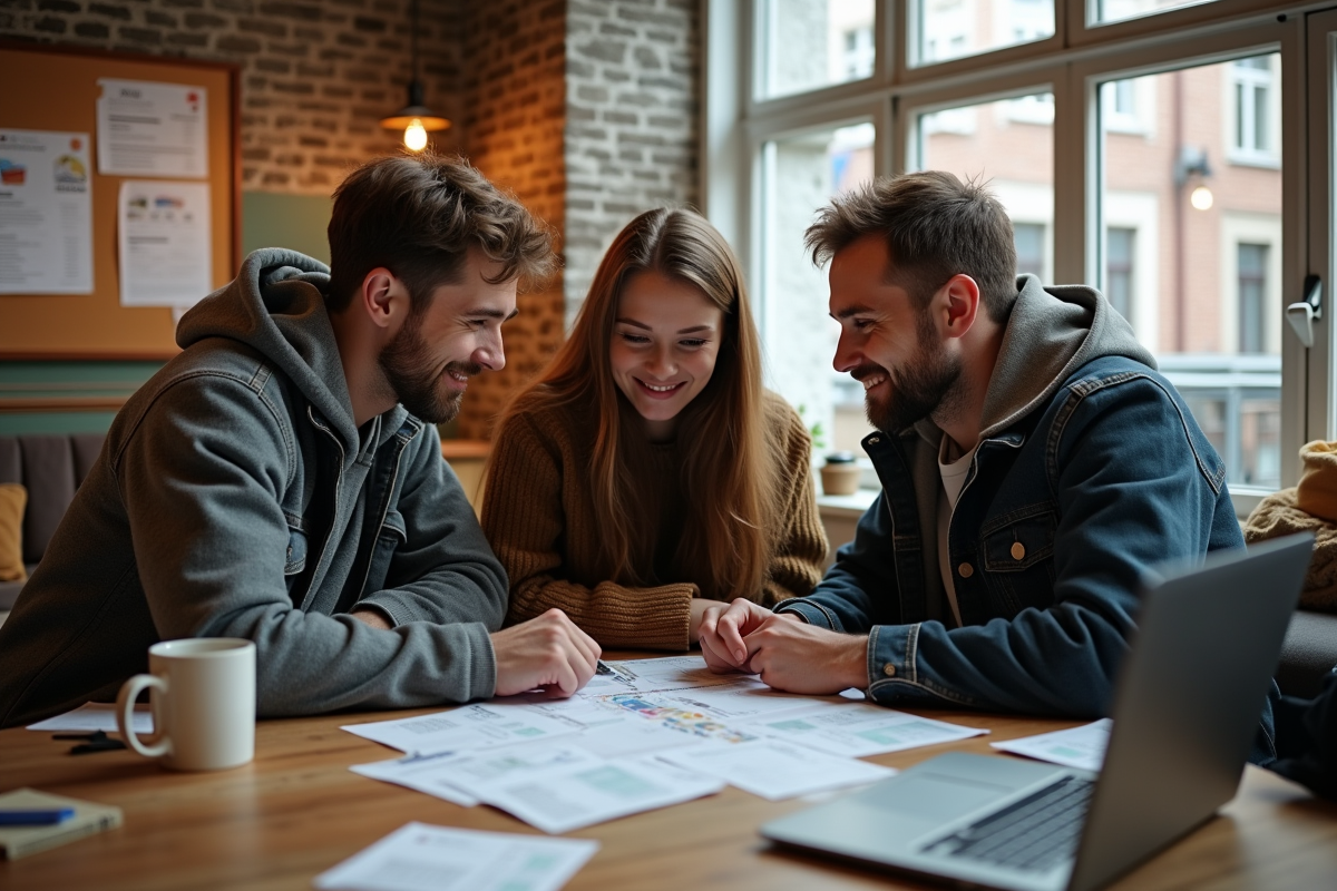 Trois amis discutant autour d une table dans une auberge