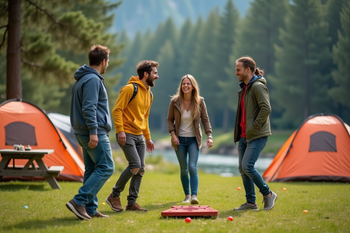 Groupe d'amis jouant à la pétanque en camping