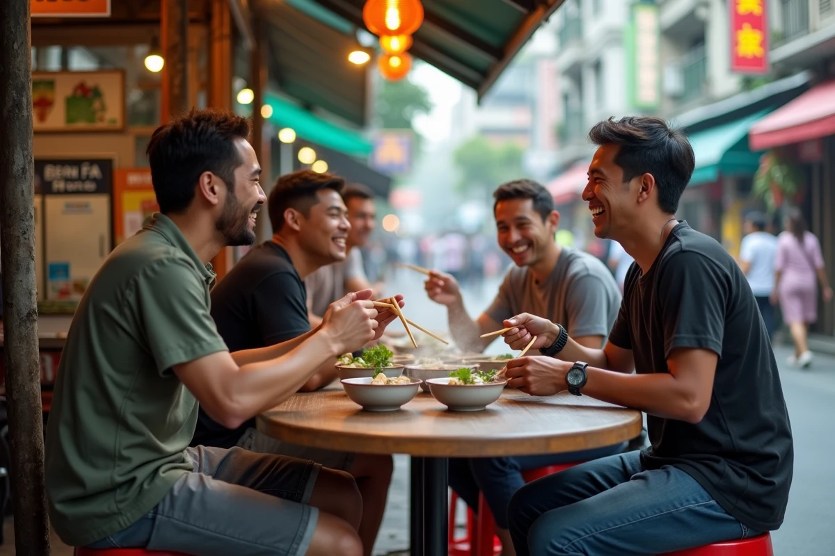 Groupe d amis partageant un bol de pho a Hanoi