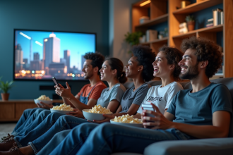 Jeunes adultes regardant la télévision dans un salon moderne