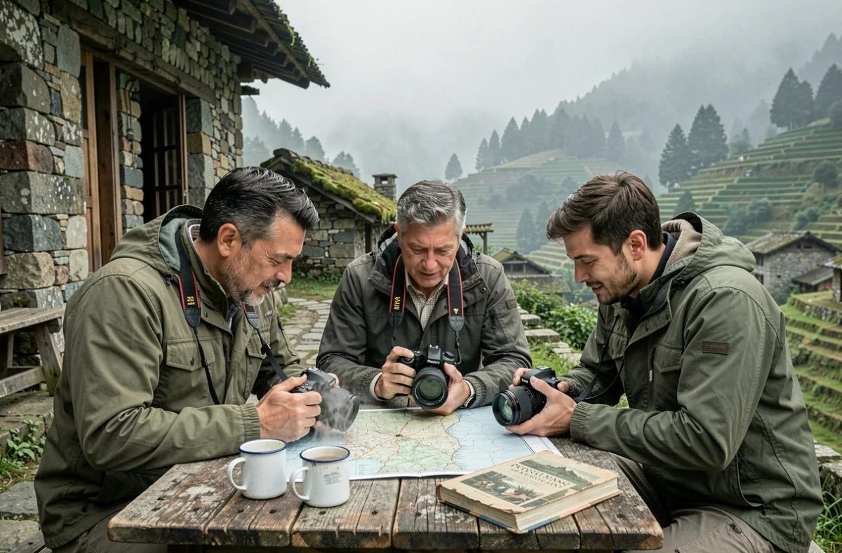 Groupe de photographes de voyage consultant une carte et des photos autour d'une table en bois devant un refuge de montagne dans la brume