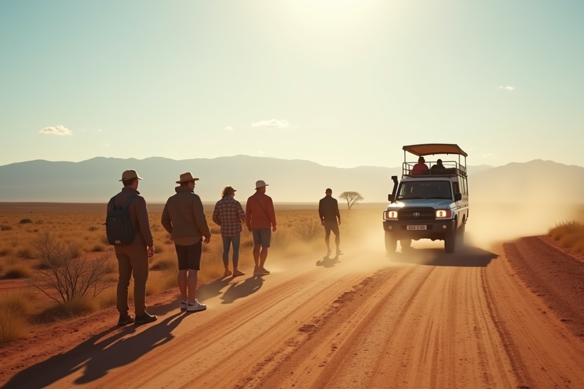 Groupe de touristes près d'un véhicule de safari en Namibie