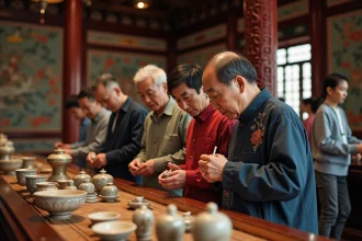 Groupe de seniors et jeunes à Chen Clan Hall observant des artefacts