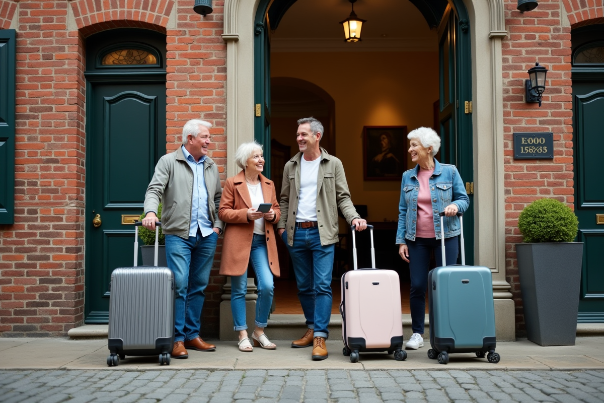 Groupe de voyageurs devant une maison rénovée dans une rue pavée