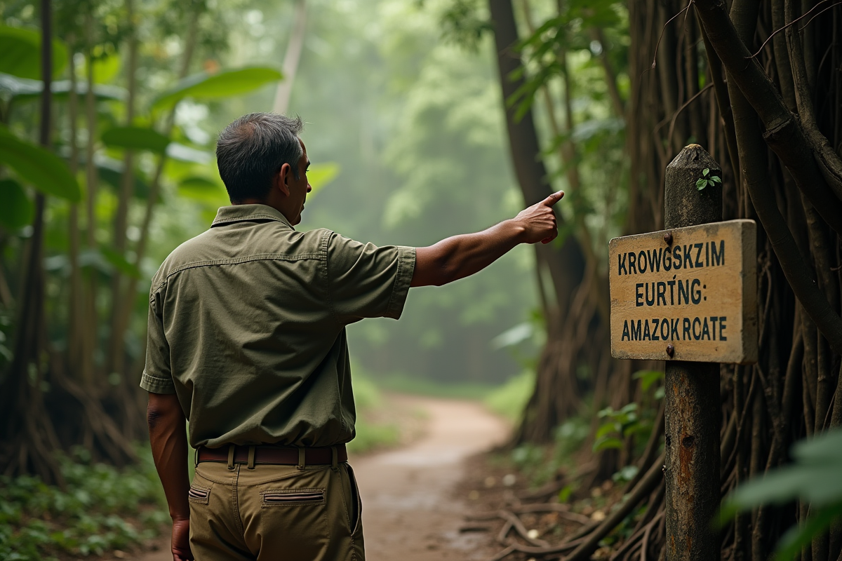 Guide amazonien indiquant un sentier en jungle dense