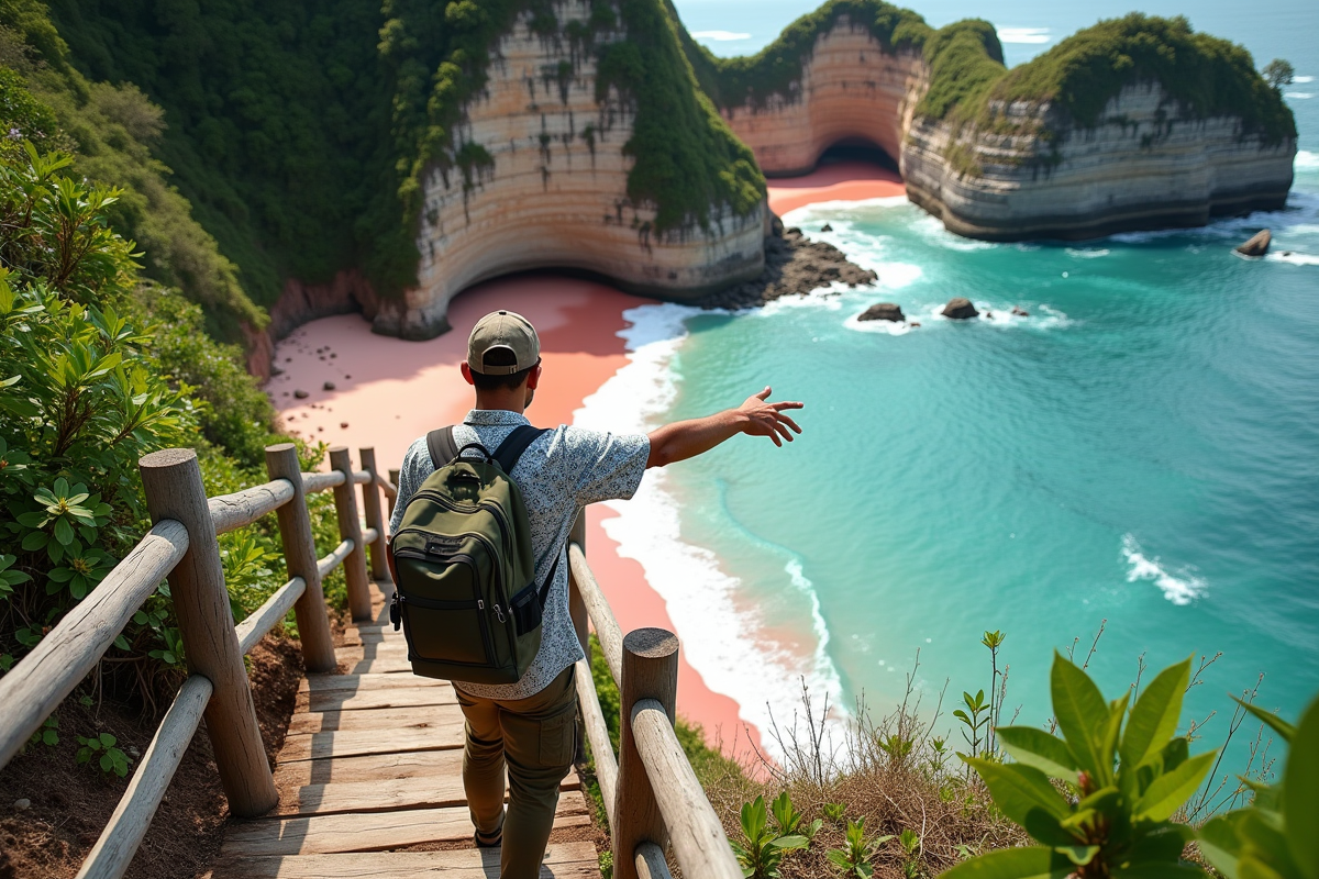 Guide indonesien indique le chemin vers la plage rose