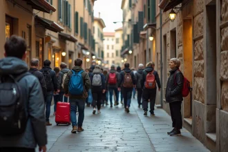 Habitante locale fatiguée observant une foule dense de touristes dans une ruelle historique d'une ville surpeuplée en 2026
