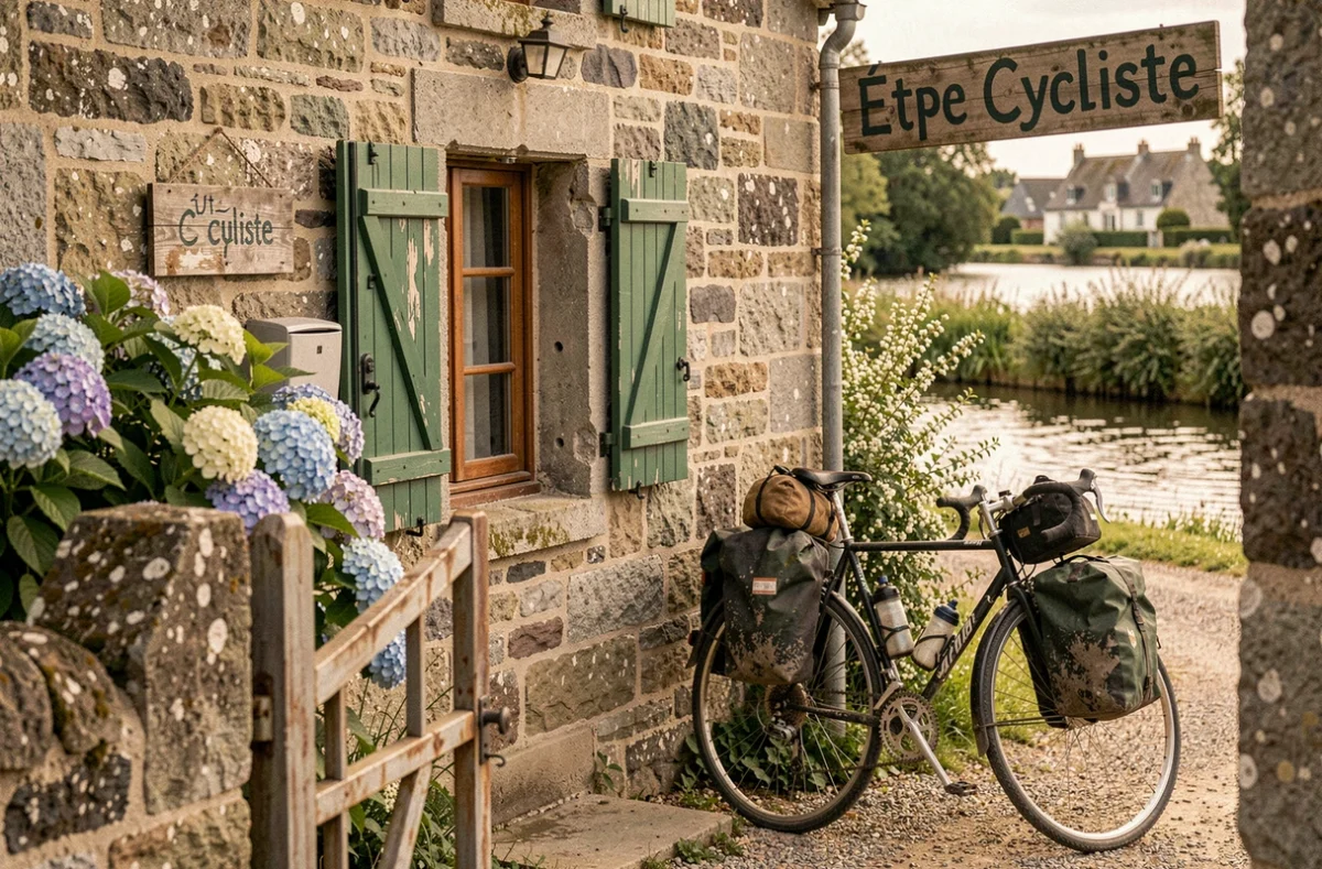 Chambre d'hôtes en pierre bretonne au bord du Canal de Nantes à Brest avec un vélo de randonnée appuyé contre le mur et des hortensias en fleur