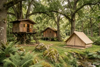 Vue panoramique d'hébergements insolites nichés dans une forêt verdoyante de Nouvelle-Aquitaine, avec cabanes en bois et tentes sous les chênes