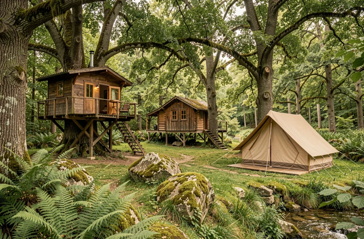 Vue panoramique d'hébergements insolites nichés dans une forêt verdoyante de Nouvelle-Aquitaine, avec cabanes en bois et tentes sous les chênes