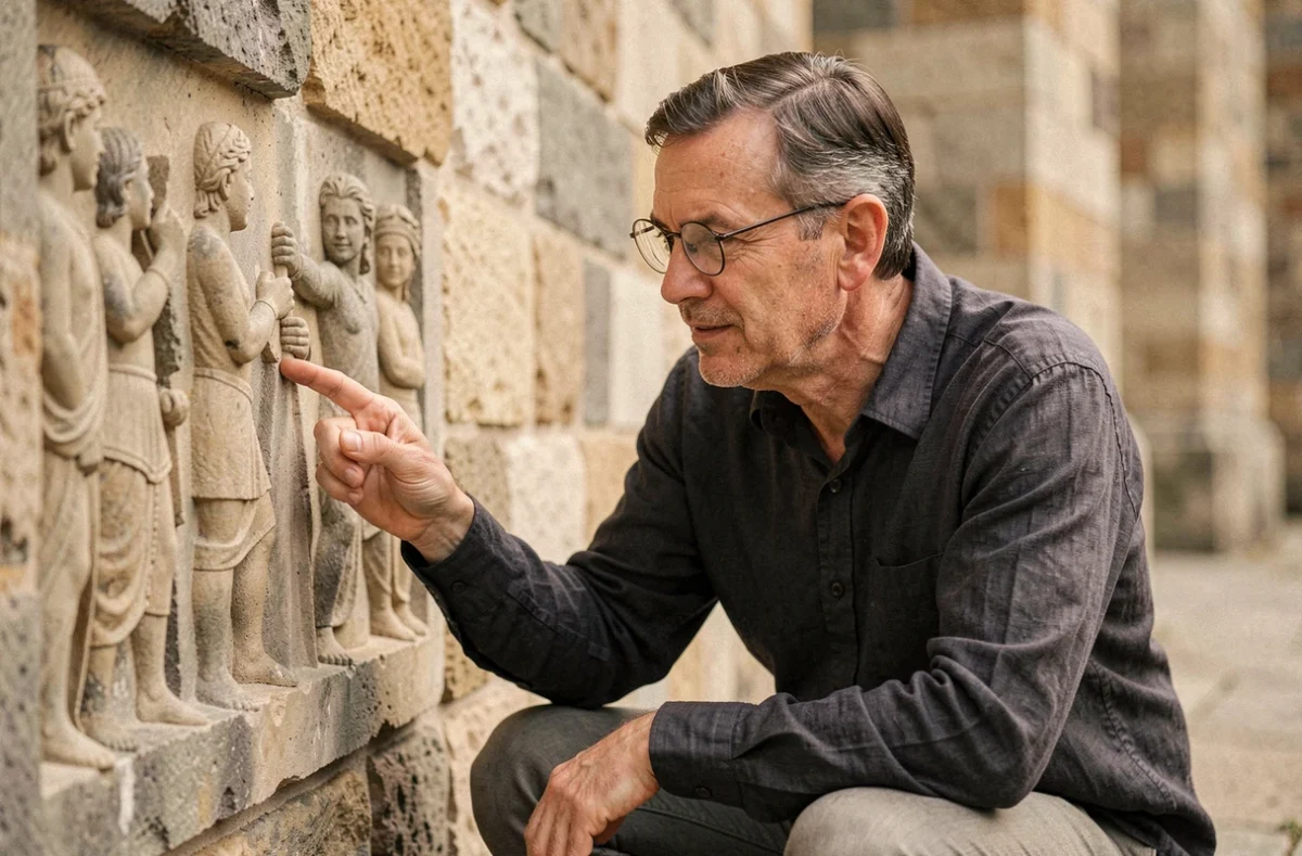 Historien examinant une sculpture médiévale gravée dans les murs d'un château fort français isolé
