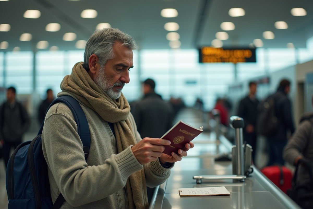 Homme nord-africain examine son passeport à l