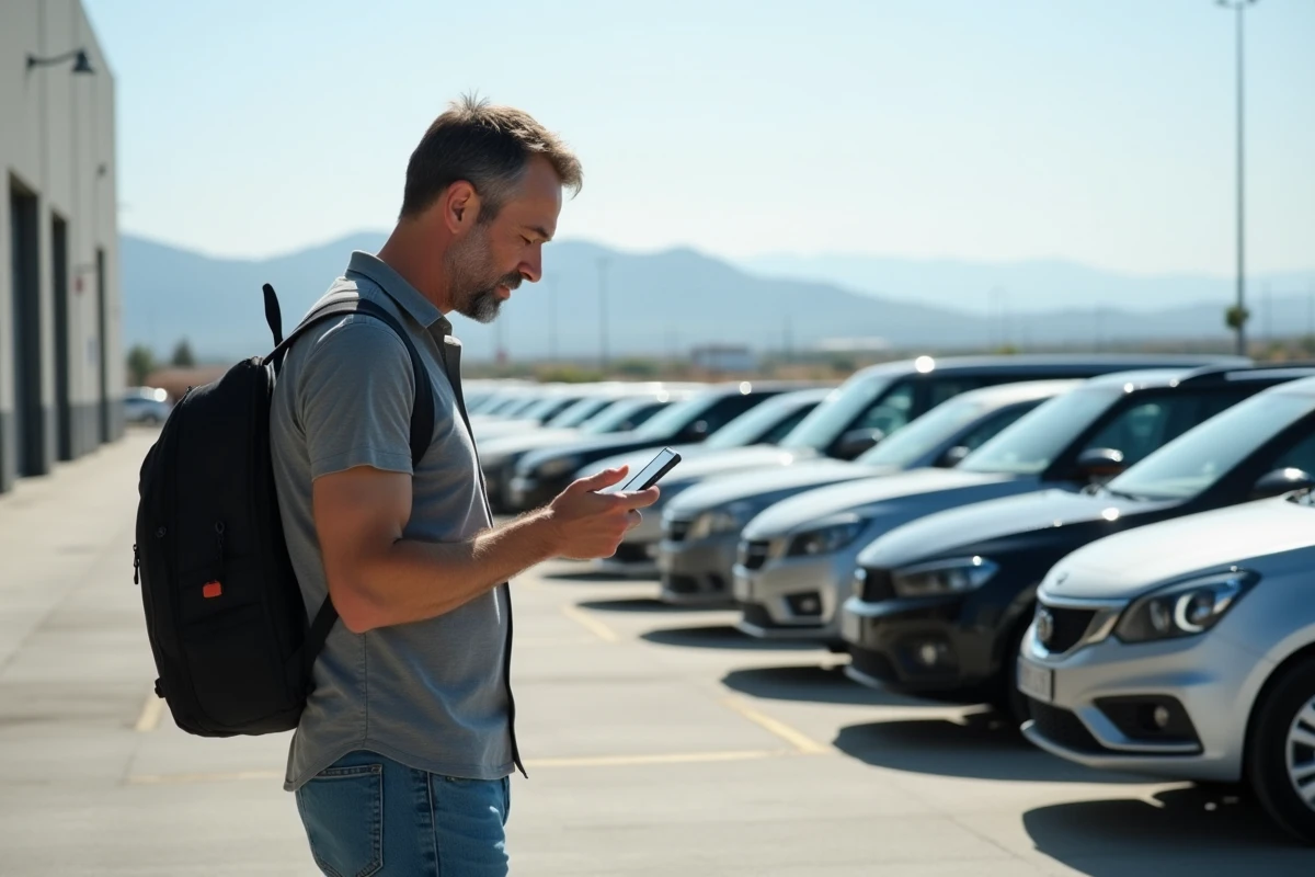 Homme vérifiant une carte sur smartphone près de voitures