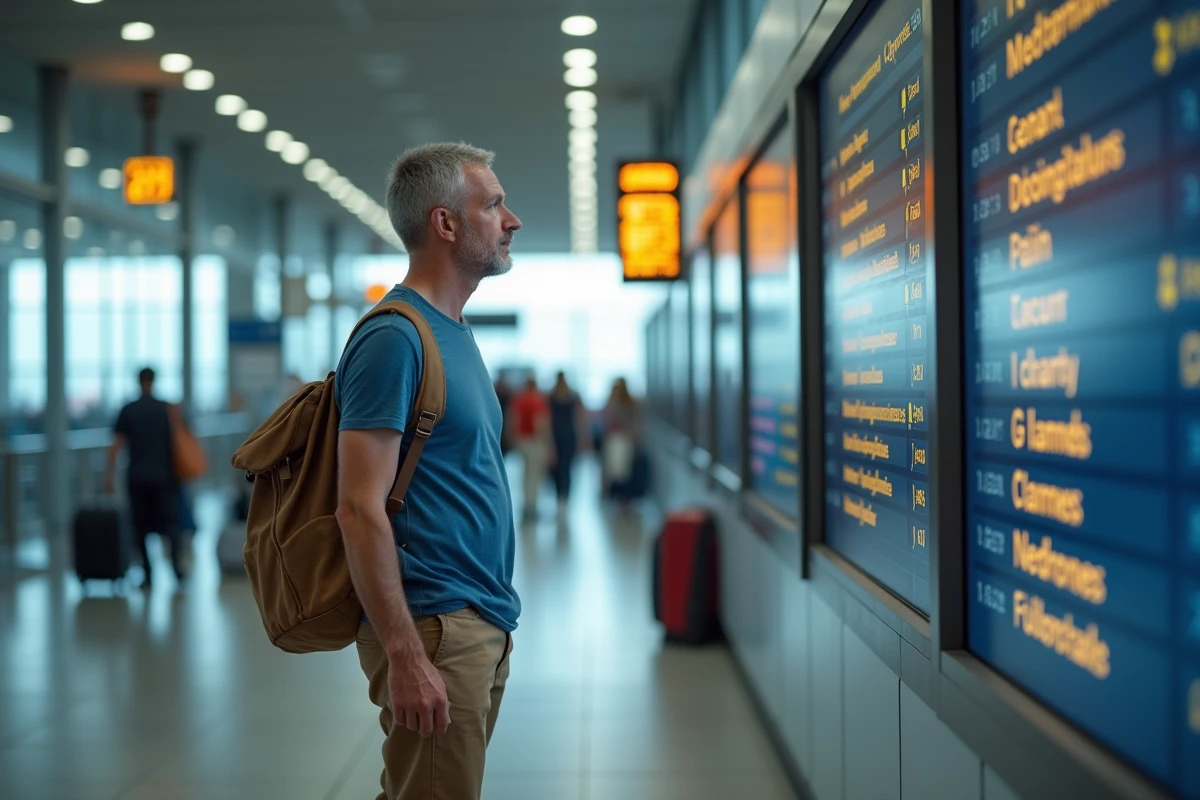 Homme regardant le tableau des départs à l