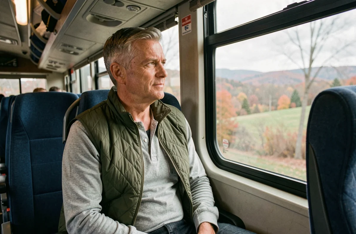 Homme assis dans un autocar intercités contemplant le paysage automnal lors d'un trajet entre New York et Montréal