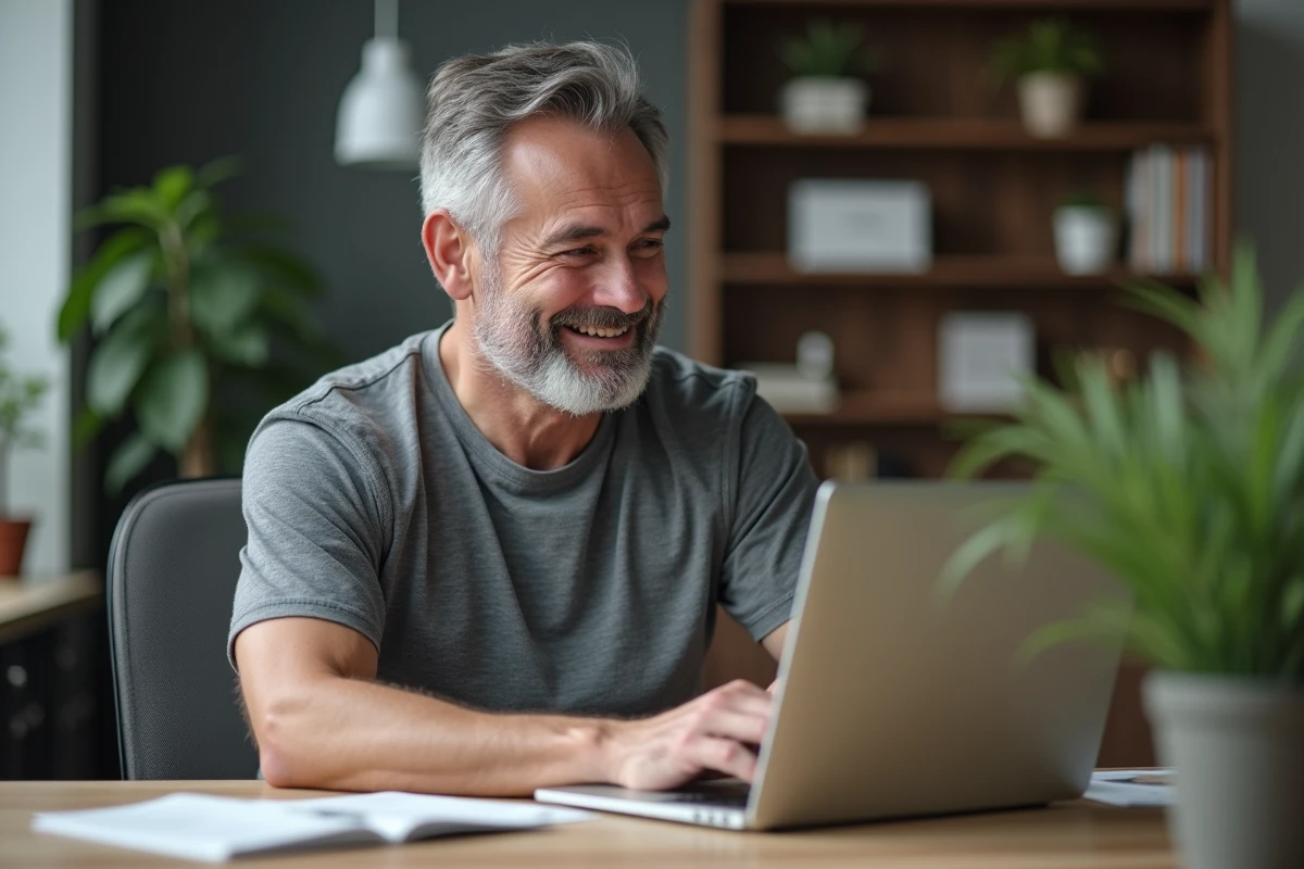 Homme souriant rédigeant un message de bonnes vacances sur son ordinateur portable dans un bureau à domicile