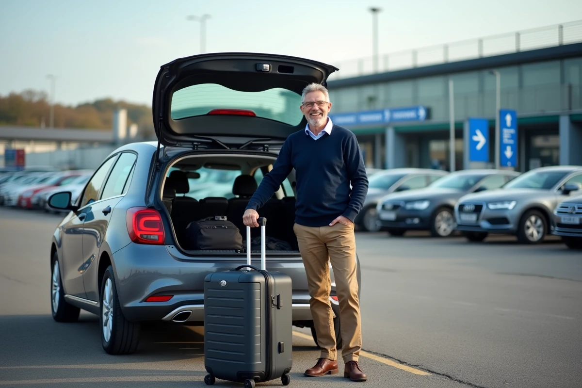 Homme fermant le coffre de sa voiture au terminal Eurotunnel