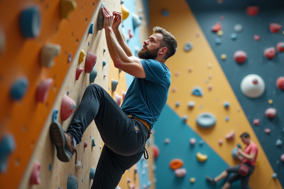Homme en pleine action sur une paroi d
