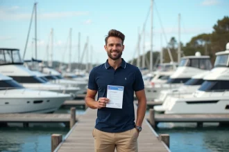 Homme français tenant sa licence bateau devant un port moderne