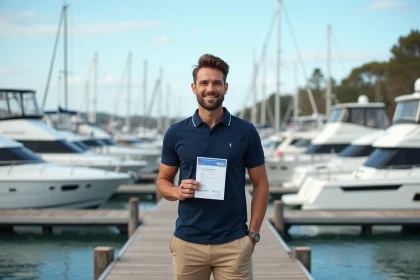 Homme français tenant sa licence bateau devant un port moderne