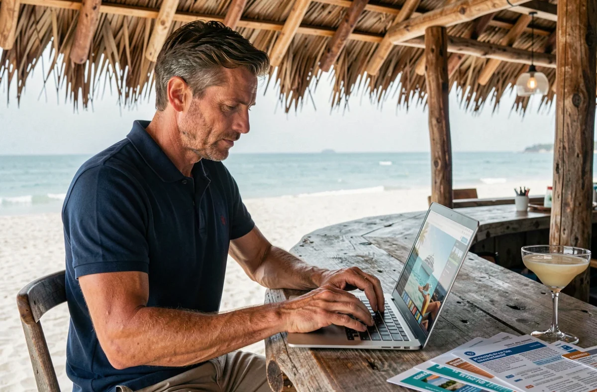 Homme consultant des offres de croisière sur un ordinateur portable dans un bar de plage aux Antilles