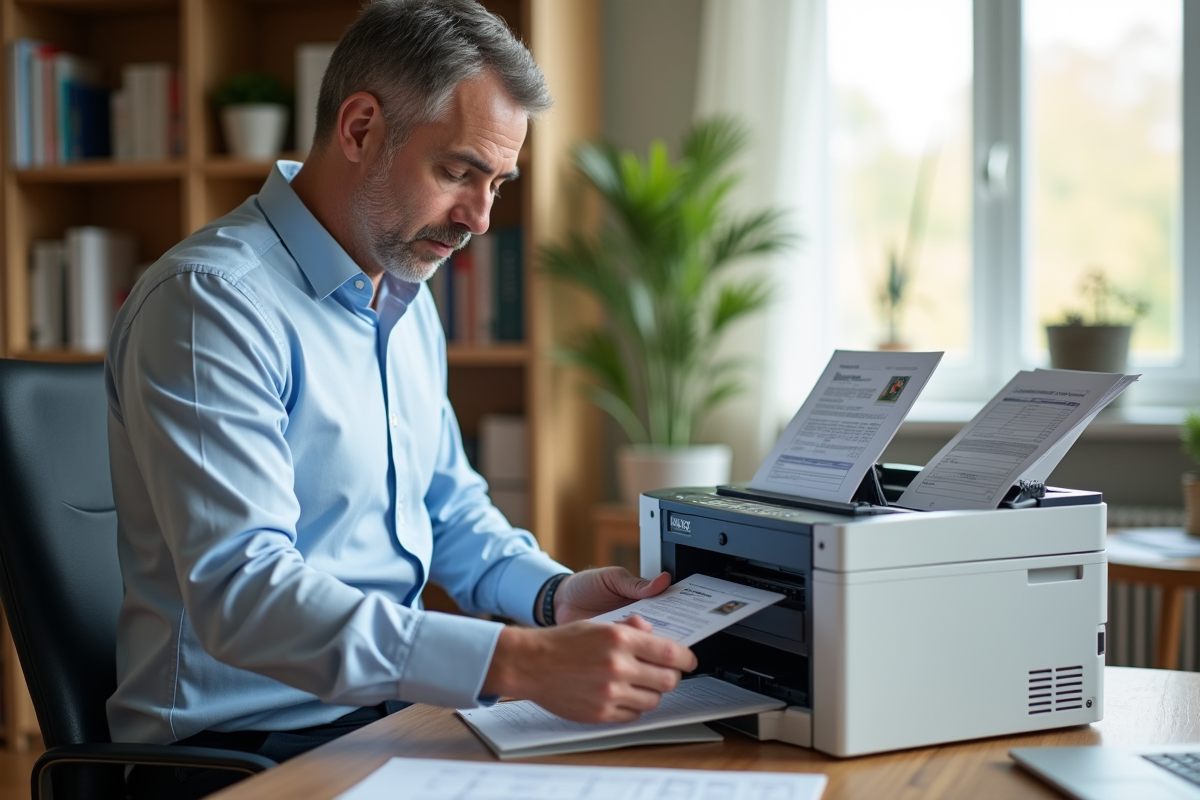 Homme avec passeport ouvert prépare une copie dans un bureau à domicile