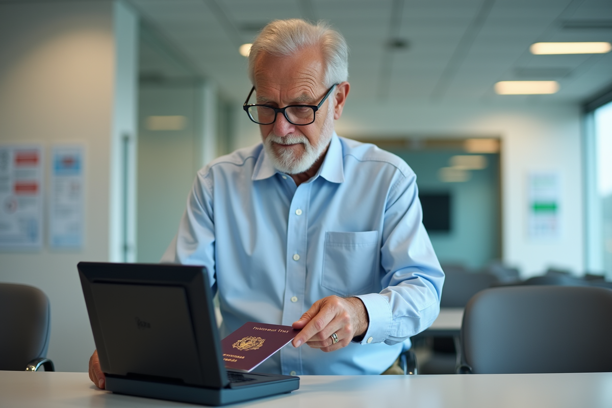 Homme âgé scanne son passeport dans un bureau administratif
