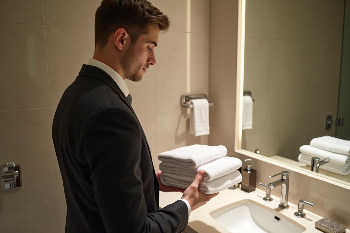 Jeune manager en costume inspectant des serviettes dans une salle de bain élégante