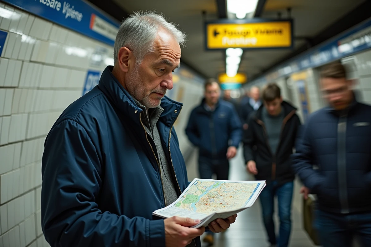 Homme consultat un plan du metro dans une station parisienne
