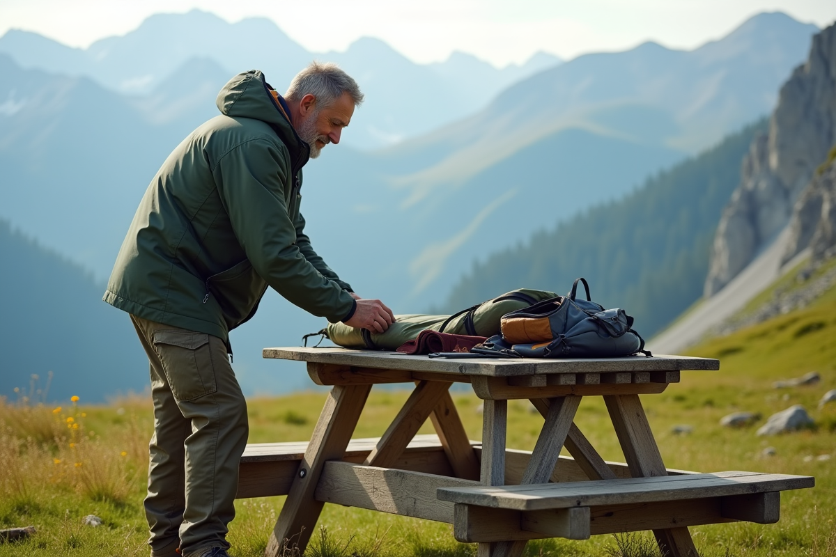 Homme organisant du matériel de camping en montagne