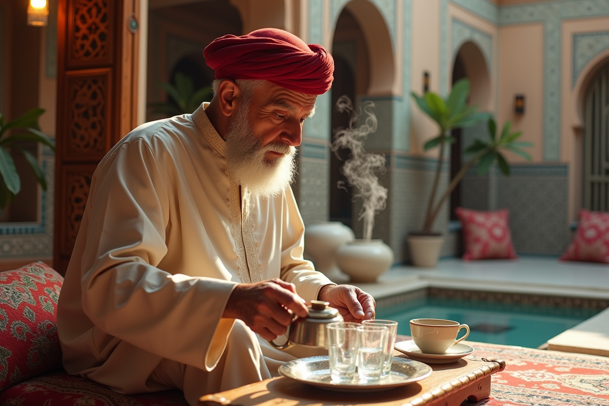 Homme marocain servant du thé dans un riad traditionnel