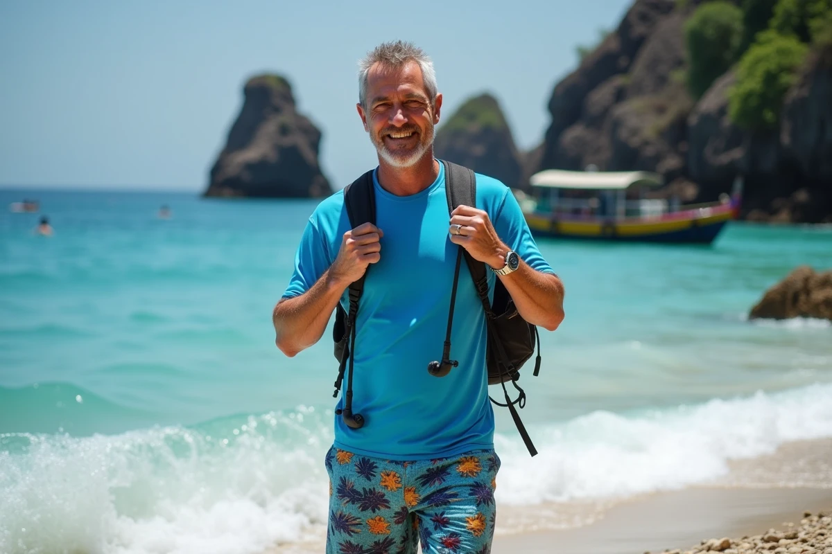 Homme en maillot de bain ajustant son équipement de snorkel à Amed