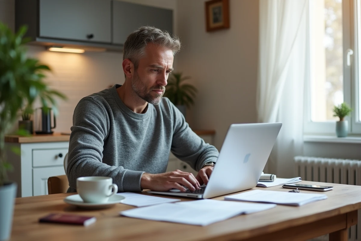 Homme seul dans un appartement français préparant ses documents administratifs pour un départ CEI, passeport et dossiers sur la table