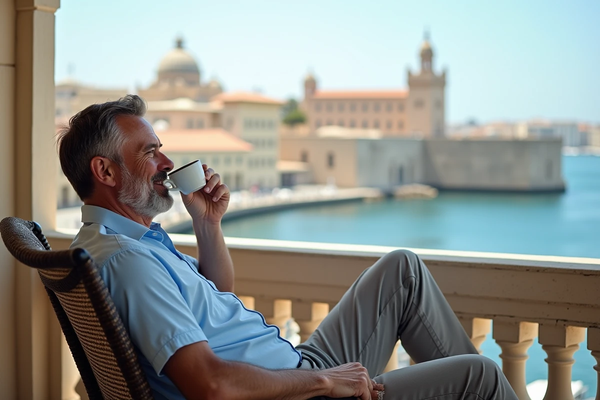 Homme relaxant sur un balcon avec vue sur le port de Valette