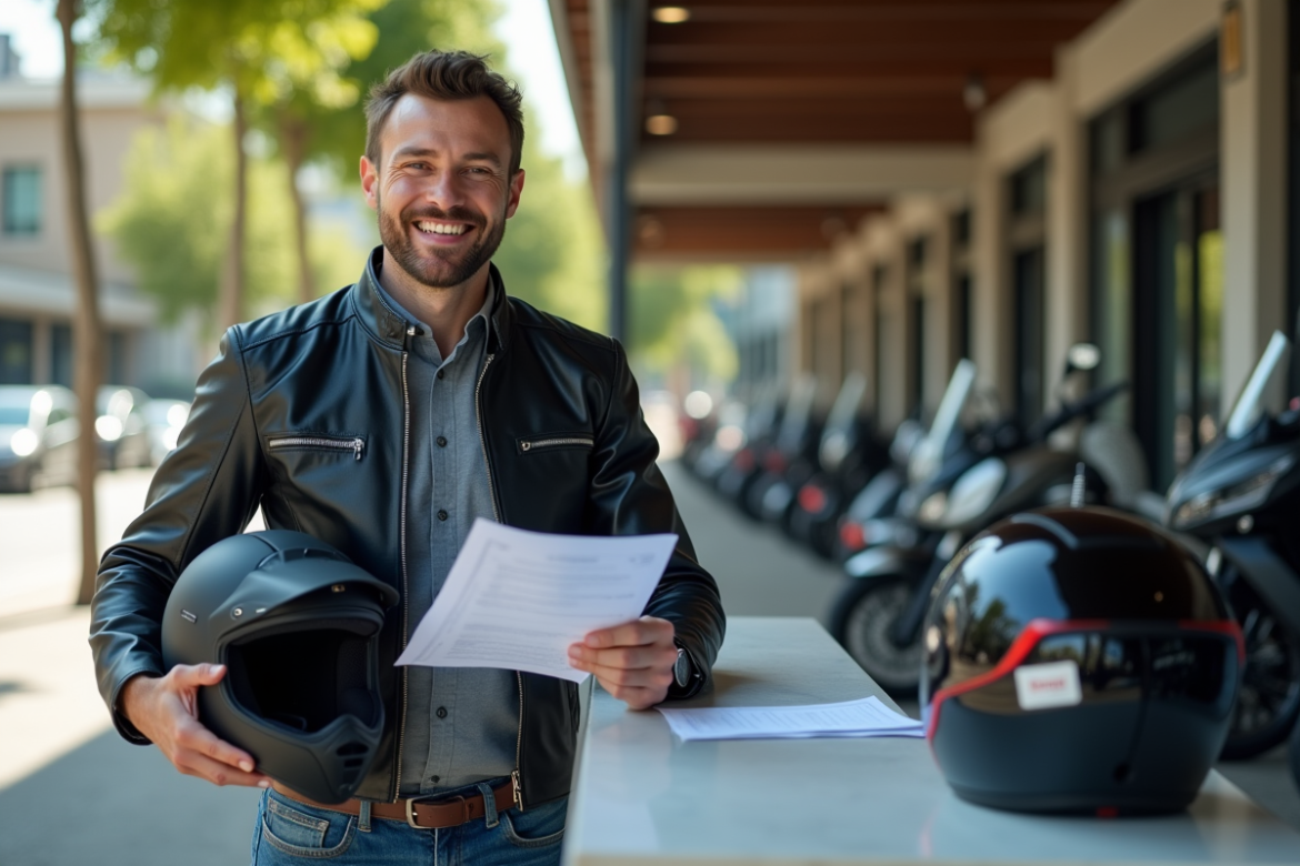 Homme souriant signant contrat de location de moto en extérieur