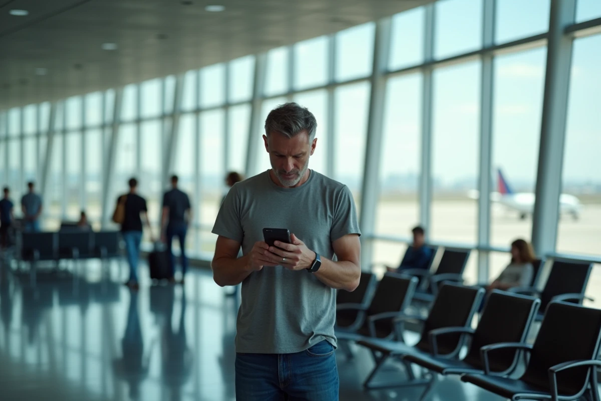 Homme vérifiant les prix de vols sur Google Flights dans un aéroport