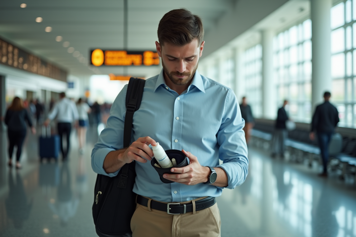 Homme dans un terminal aéroport vérifiant son sac de toilette